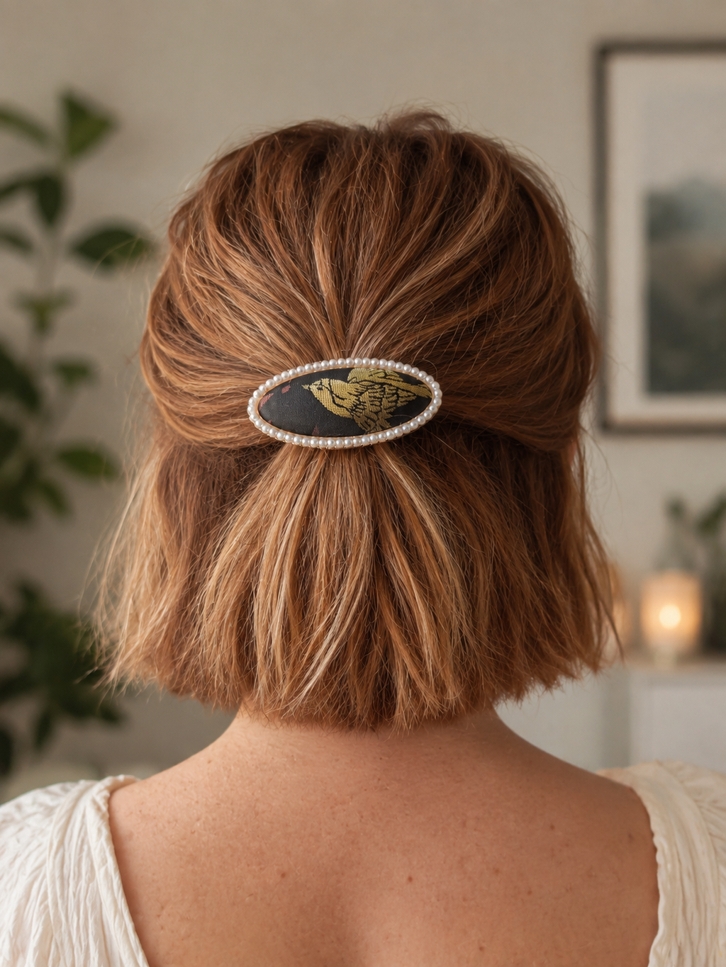 Song Brocade Pearl Oval Barrette Black Gold B015 – product view