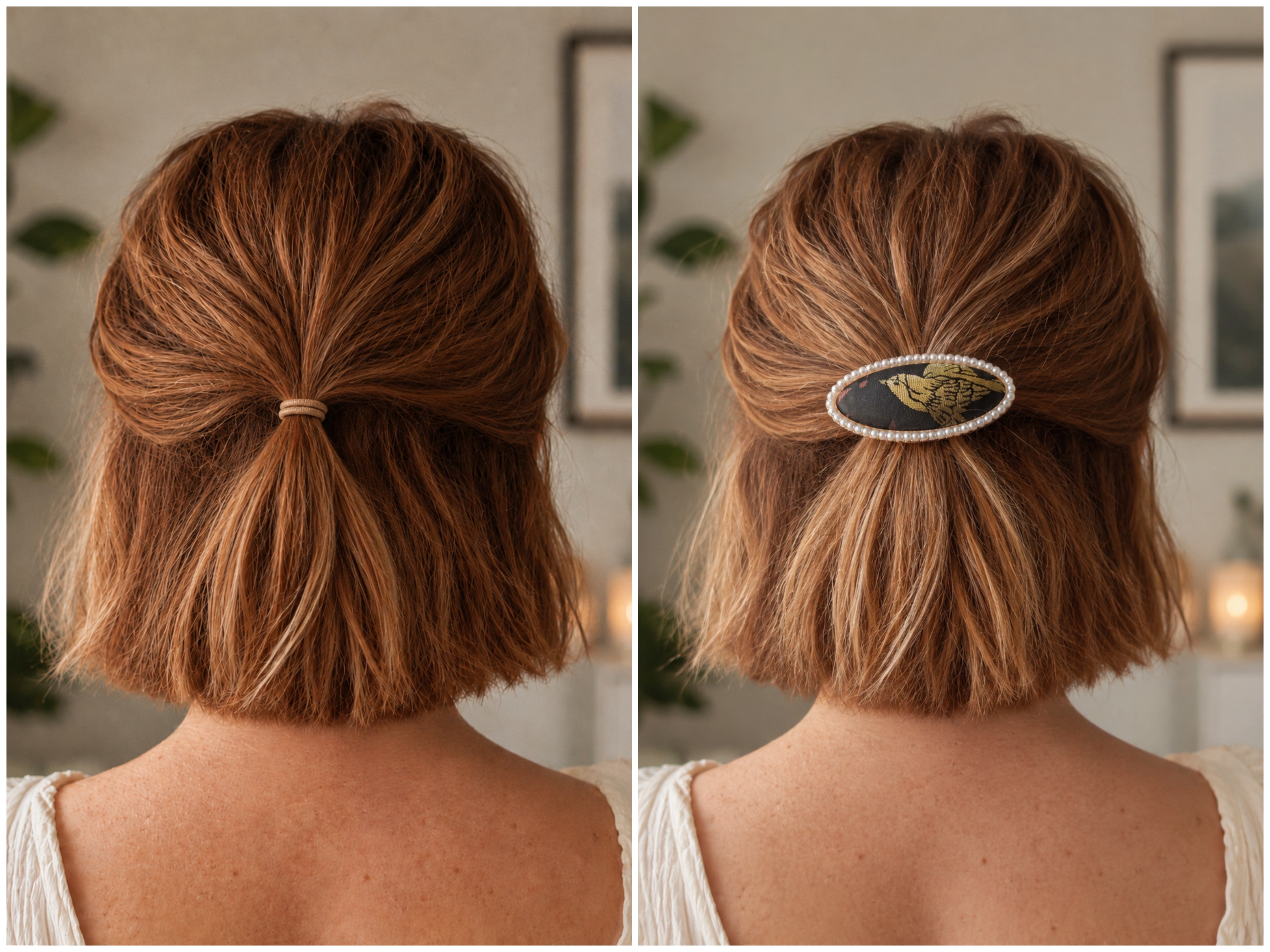 B015 black gold Song Brocade barrette worn in hair – close-up