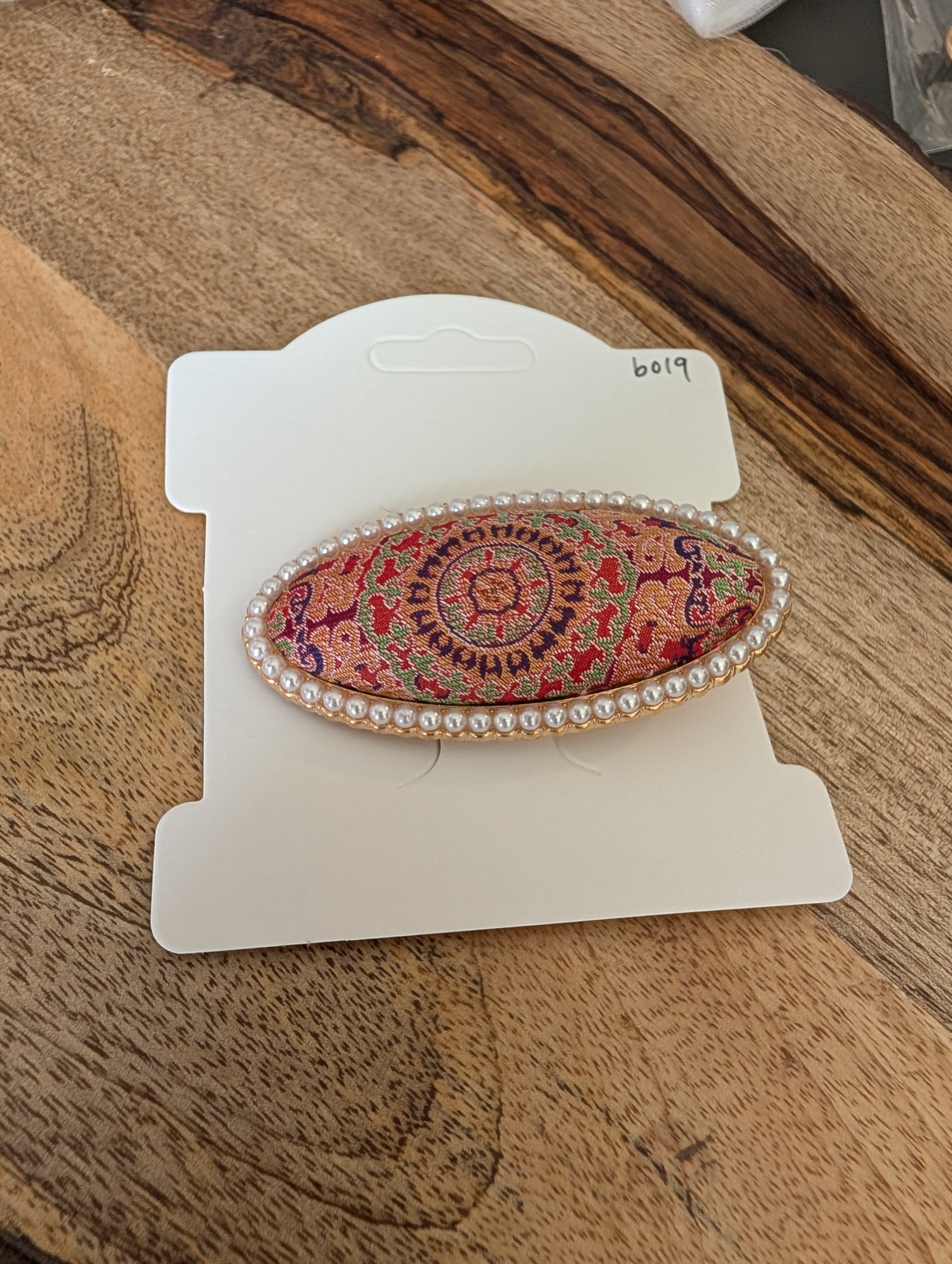 B019 pink Song Brocade barrette worn in half-up hairstyle
