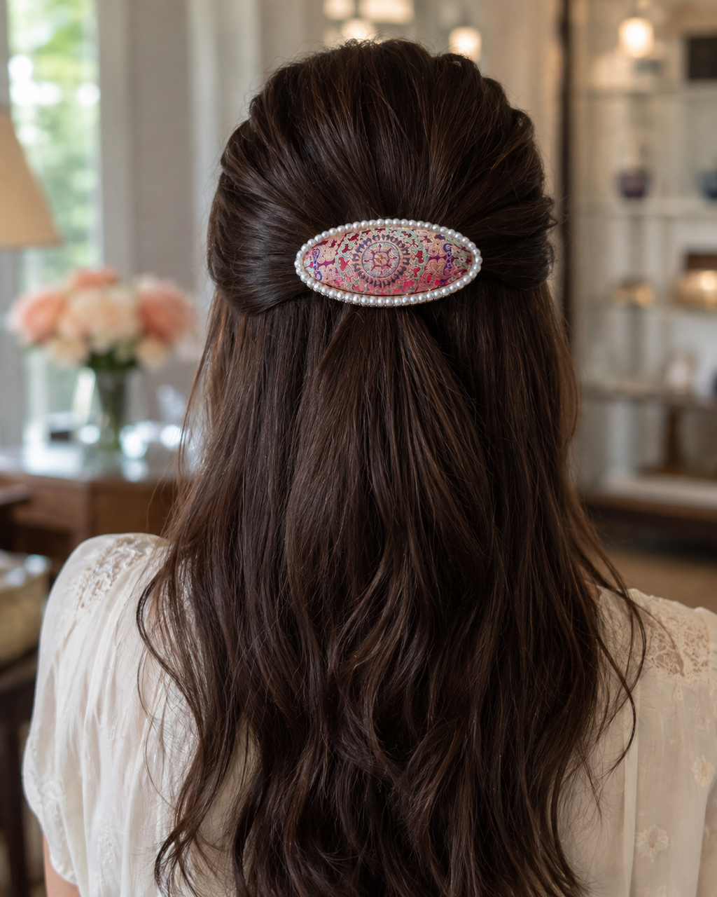 Song Brocade Pearl Oval Barrette B019 – pink multicolor product view