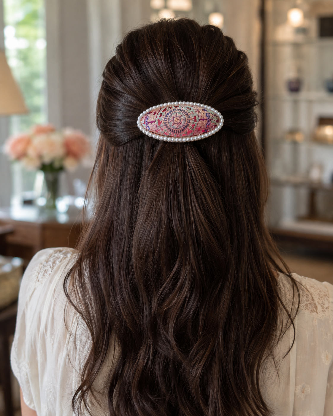 Song Brocade Pearl Oval Barrette B019 – pink multicolor product view
