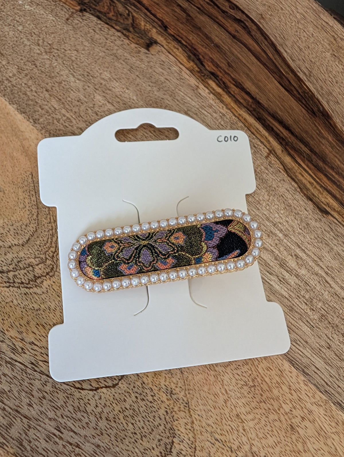 Song Brocade Pearl Hair Clip - C010 Black Multicolor Floral
