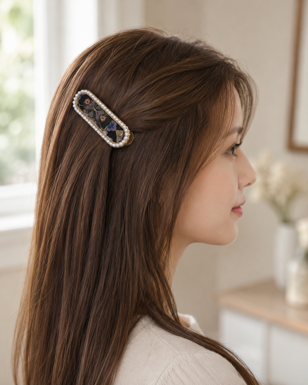 Song Brocade Pearl Hair Clip - C010 lifestyle half-up style