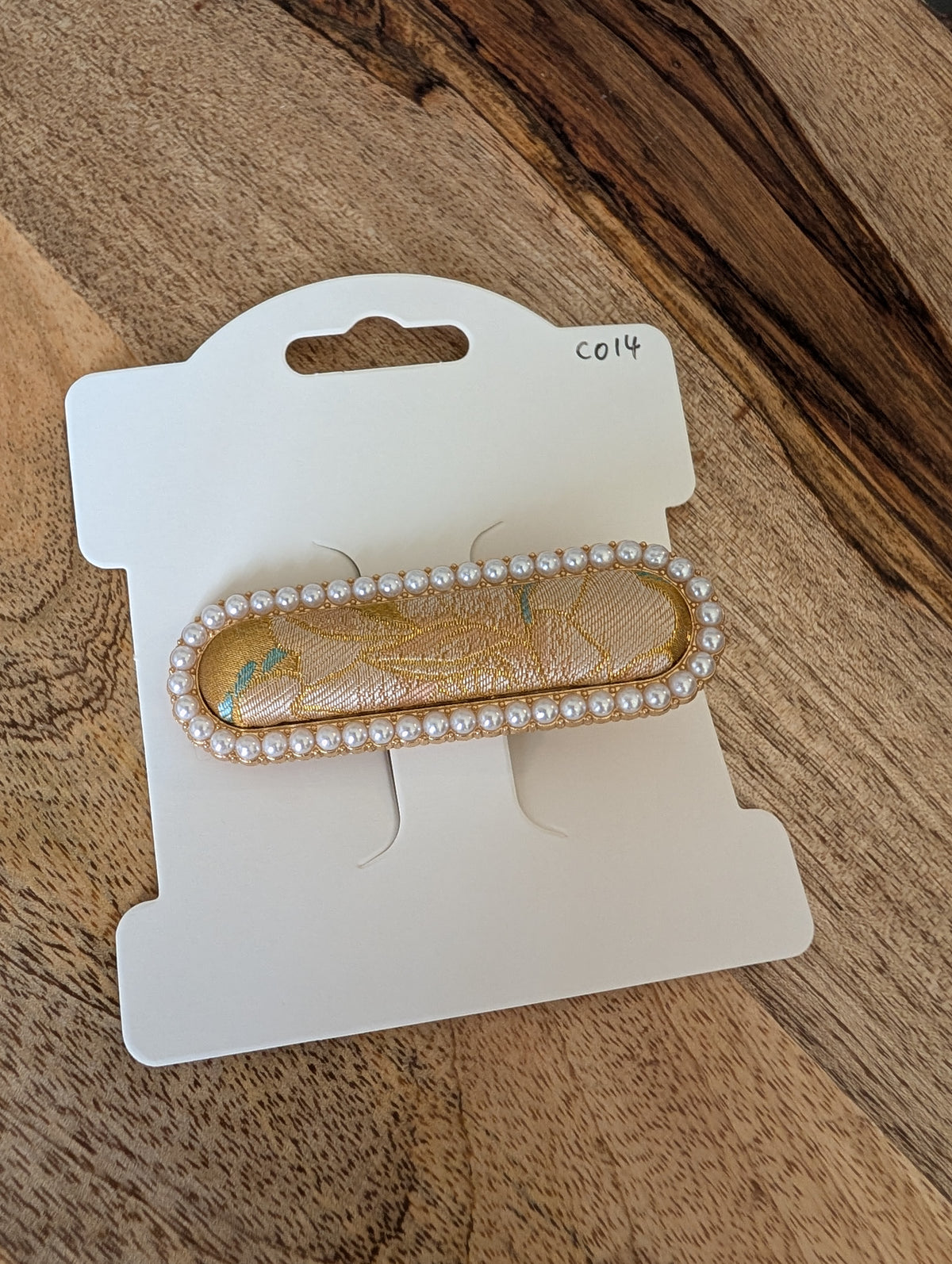 Song Brocade Pearl Hair Clip - C014 Champagne Gold Floral