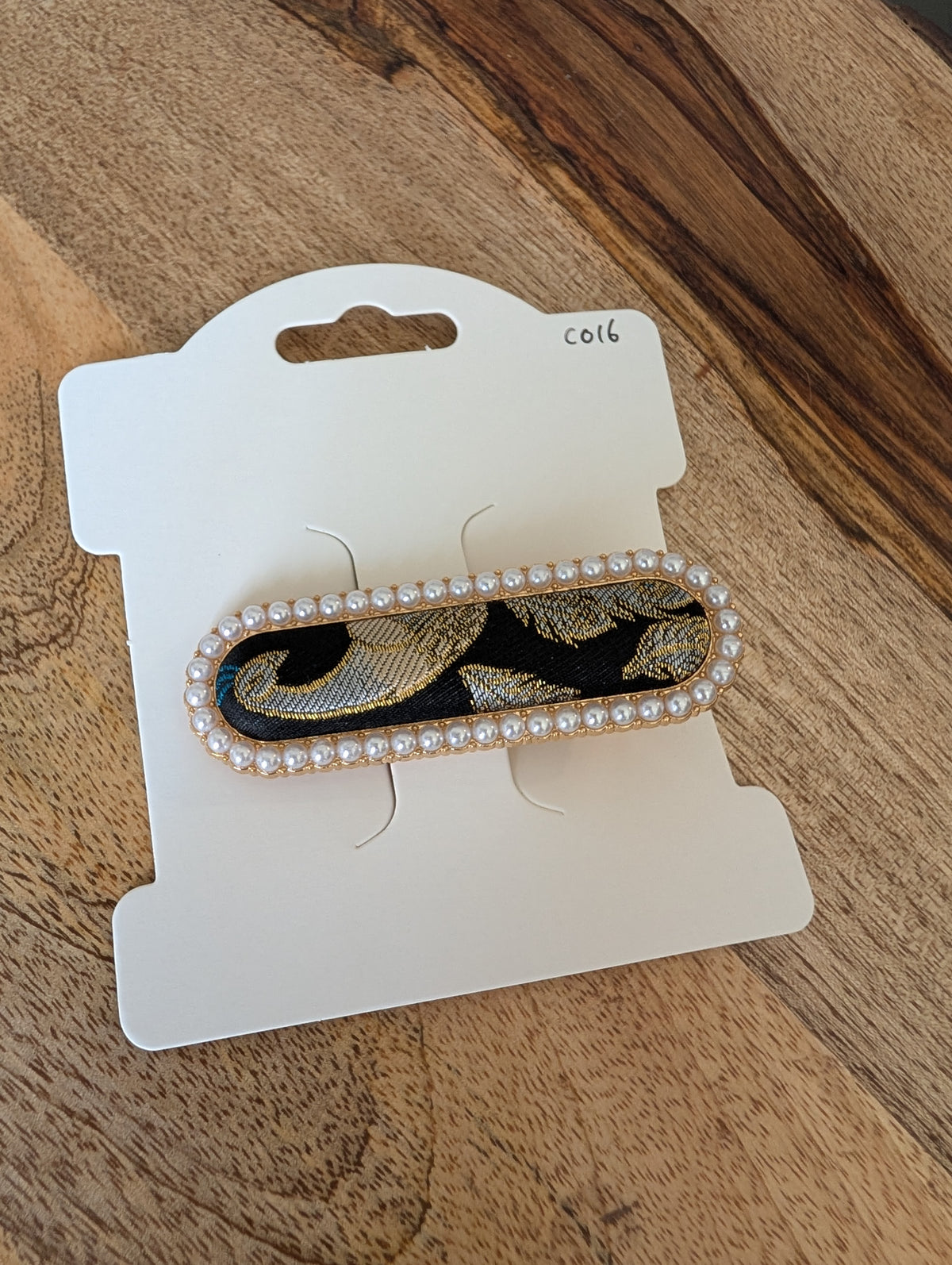 Song Brocade Pearl Hair Clip - C016 Black Gold Wave