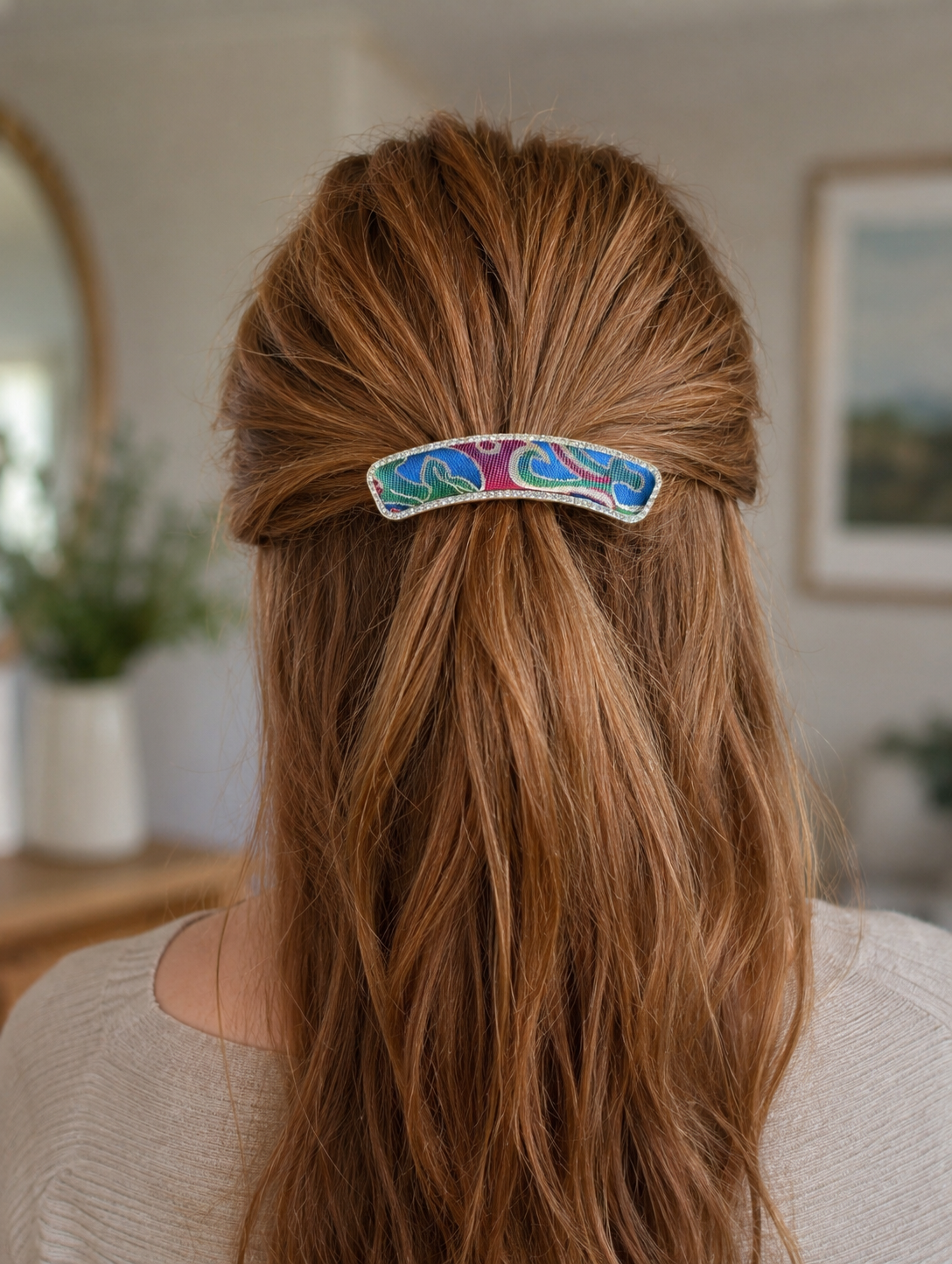 D001 - Multicolor Song Brocade barrette lifestyle shot