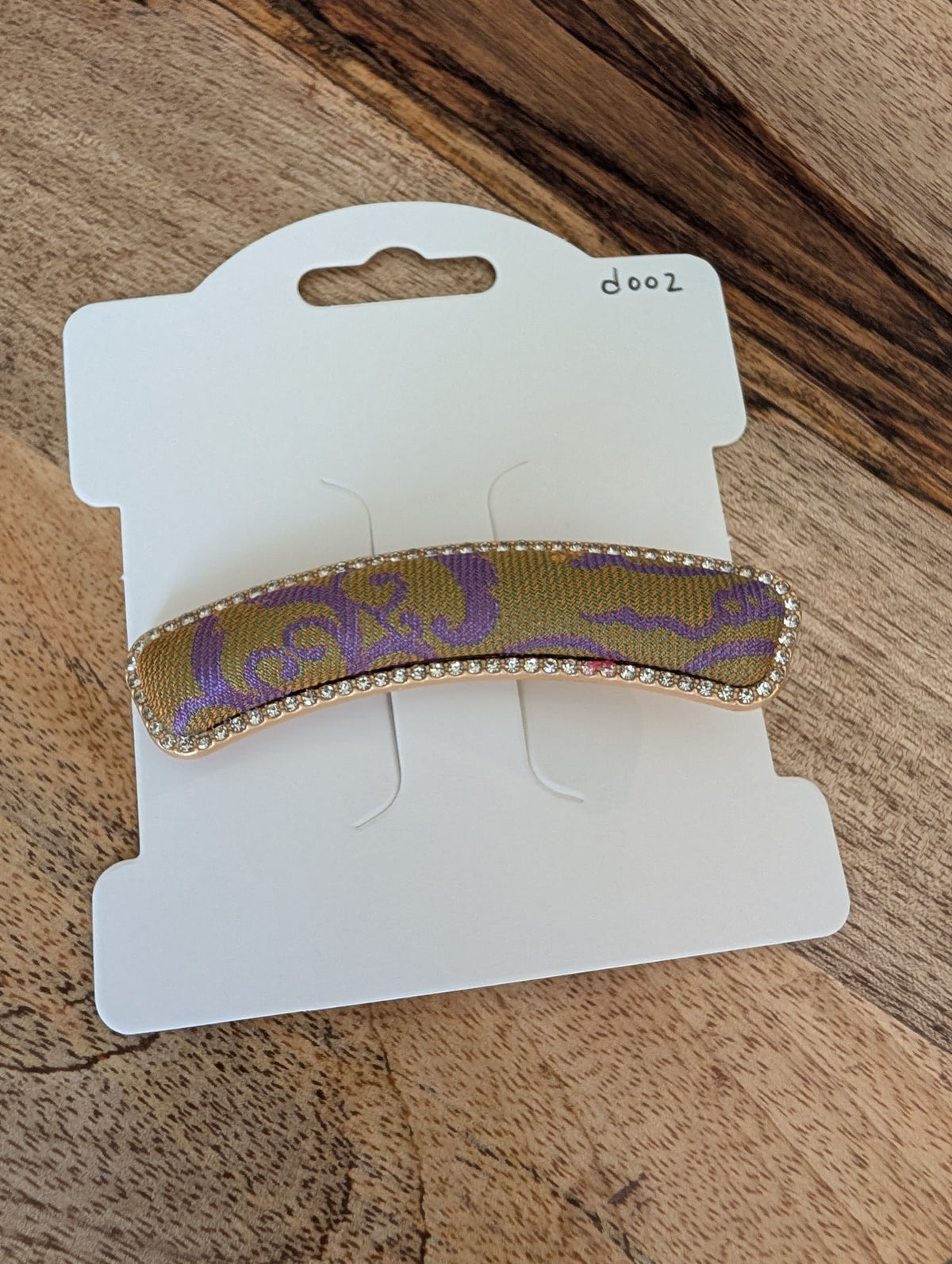 D002 - Purple & Olive Song Brocade barrette on packaging card