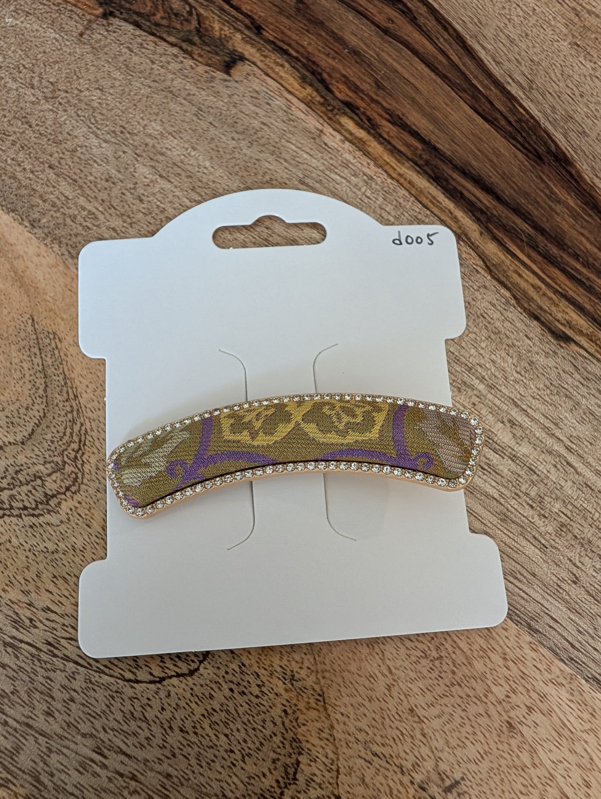 D005 - Olive & Purple Song Brocade barrette on packaging card