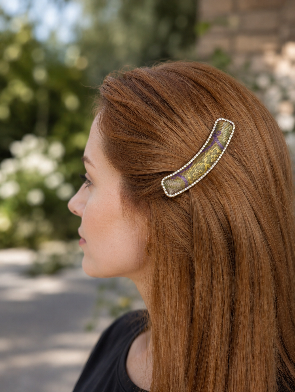 D005 - Olive & Purple Song Brocade barrette lifestyle shot