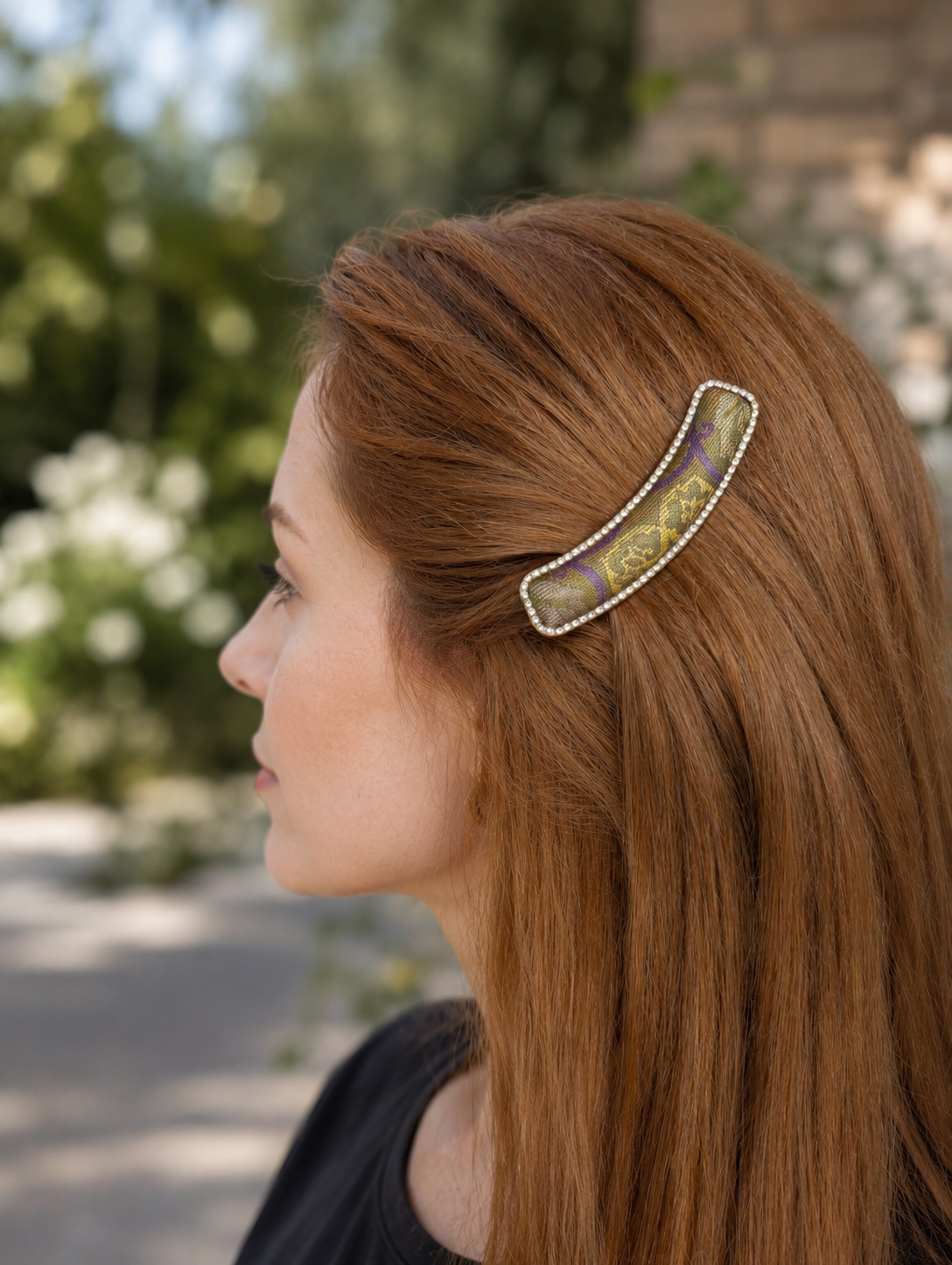 D005 - Olive & Purple Song Brocade barrette lifestyle shot