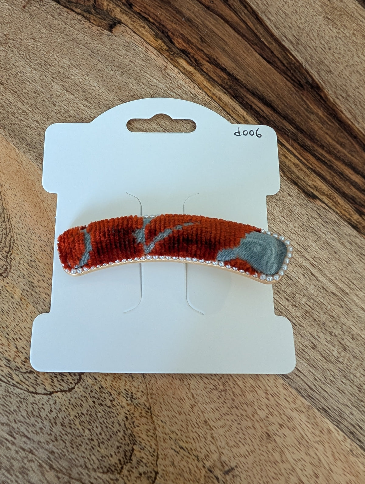 D006 - Rust & Grey Song Brocade barrette on packaging card