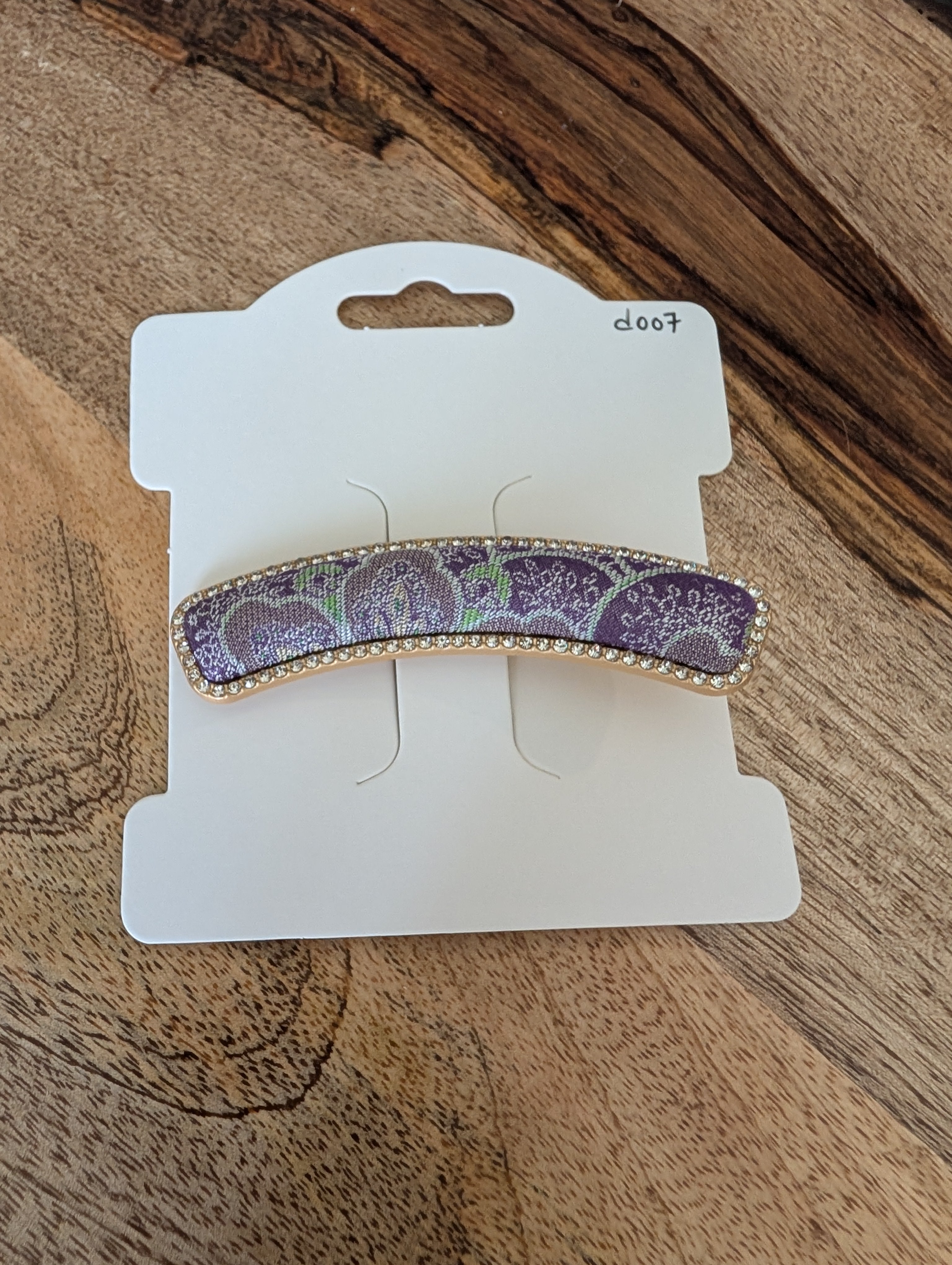 D007 - Purple Floral Song Brocade barrette on packaging card
