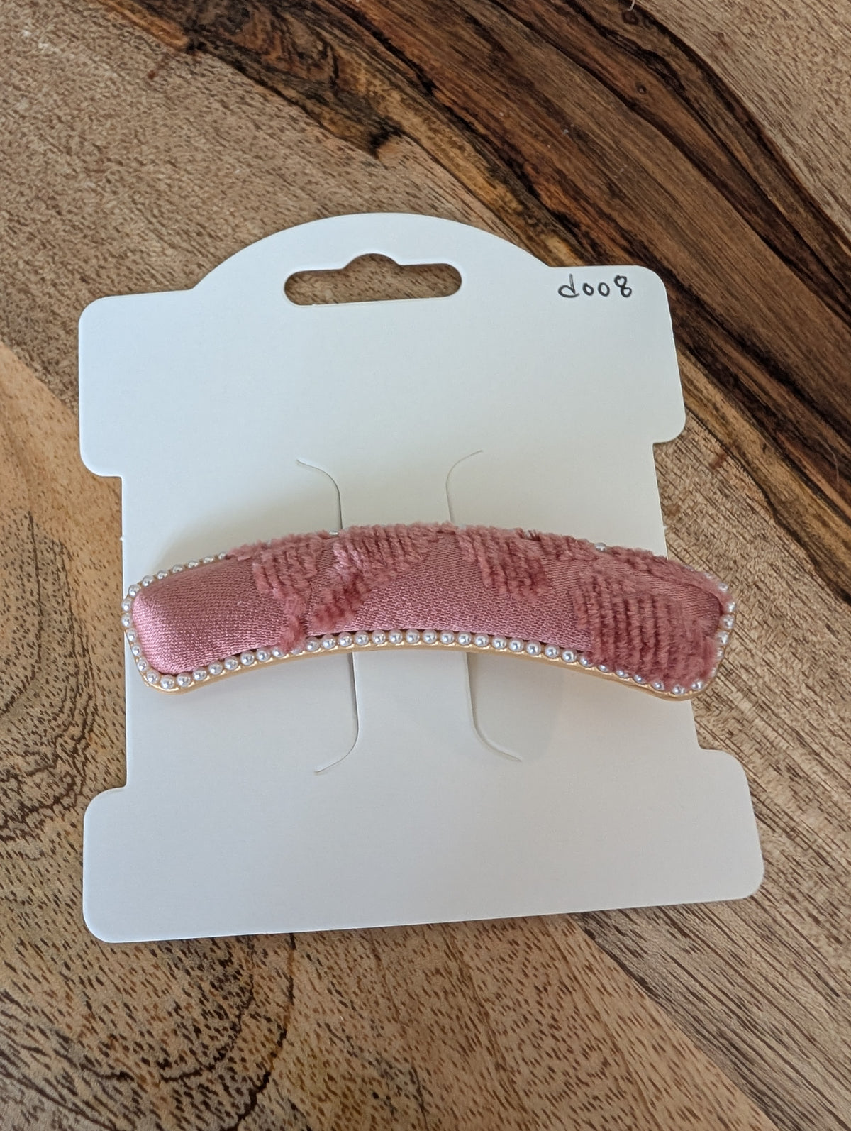 D008 - Pink Rose Song Brocade barrette on packaging card