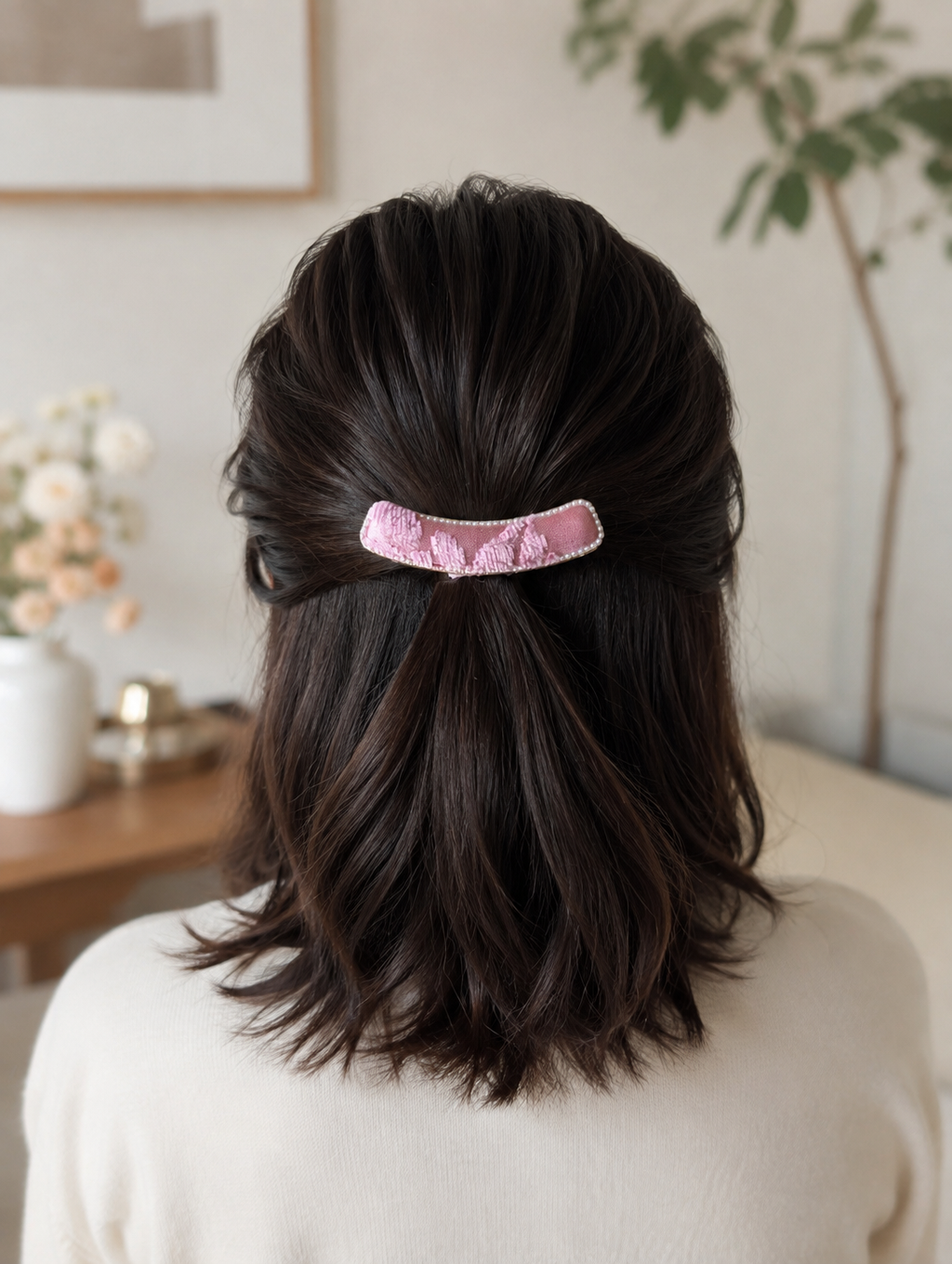 D008 - Pink Rose Song Brocade barrette lifestyle shot