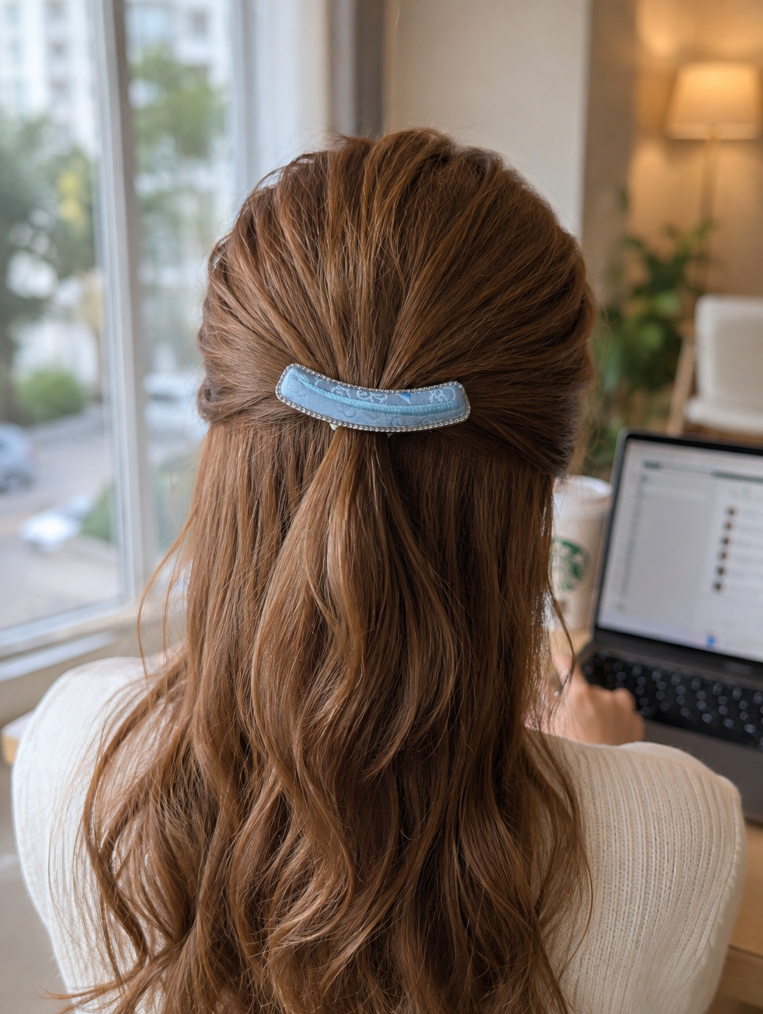 D009 - Baby Blue Song Brocade barrette lifestyle shot