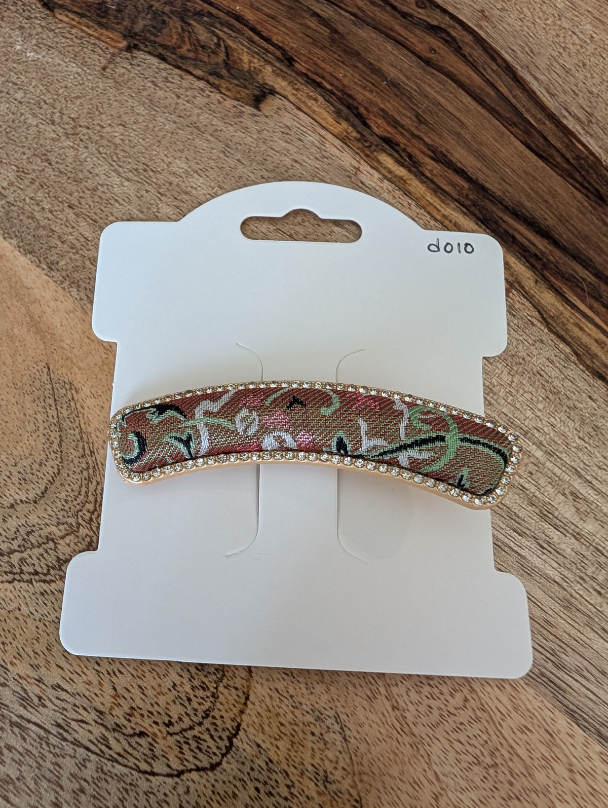 D010 - Burgundy Floral Song Brocade barrette on packaging card