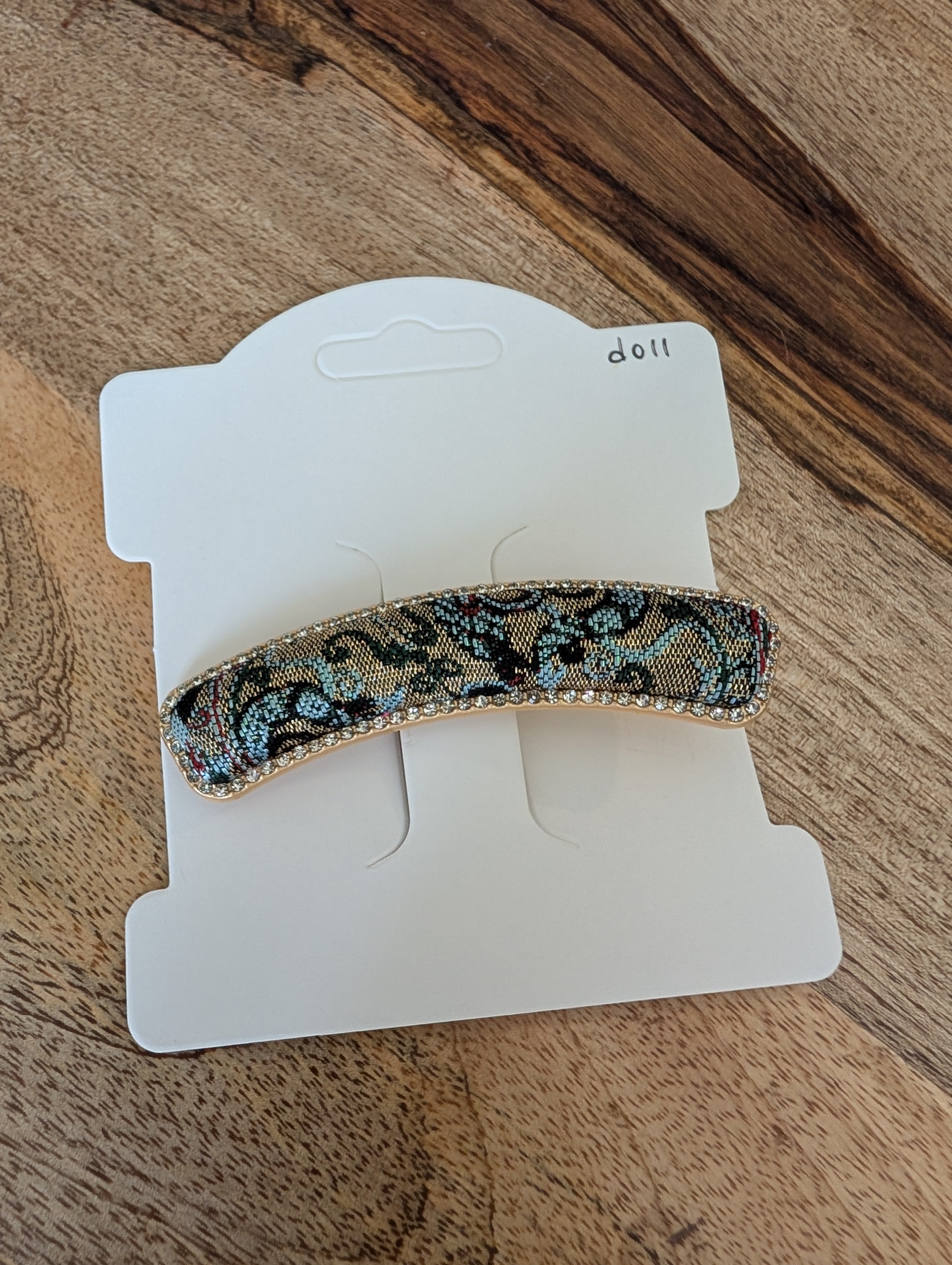 D011 - Dark Floral Black Song Brocade barrette on packaging card