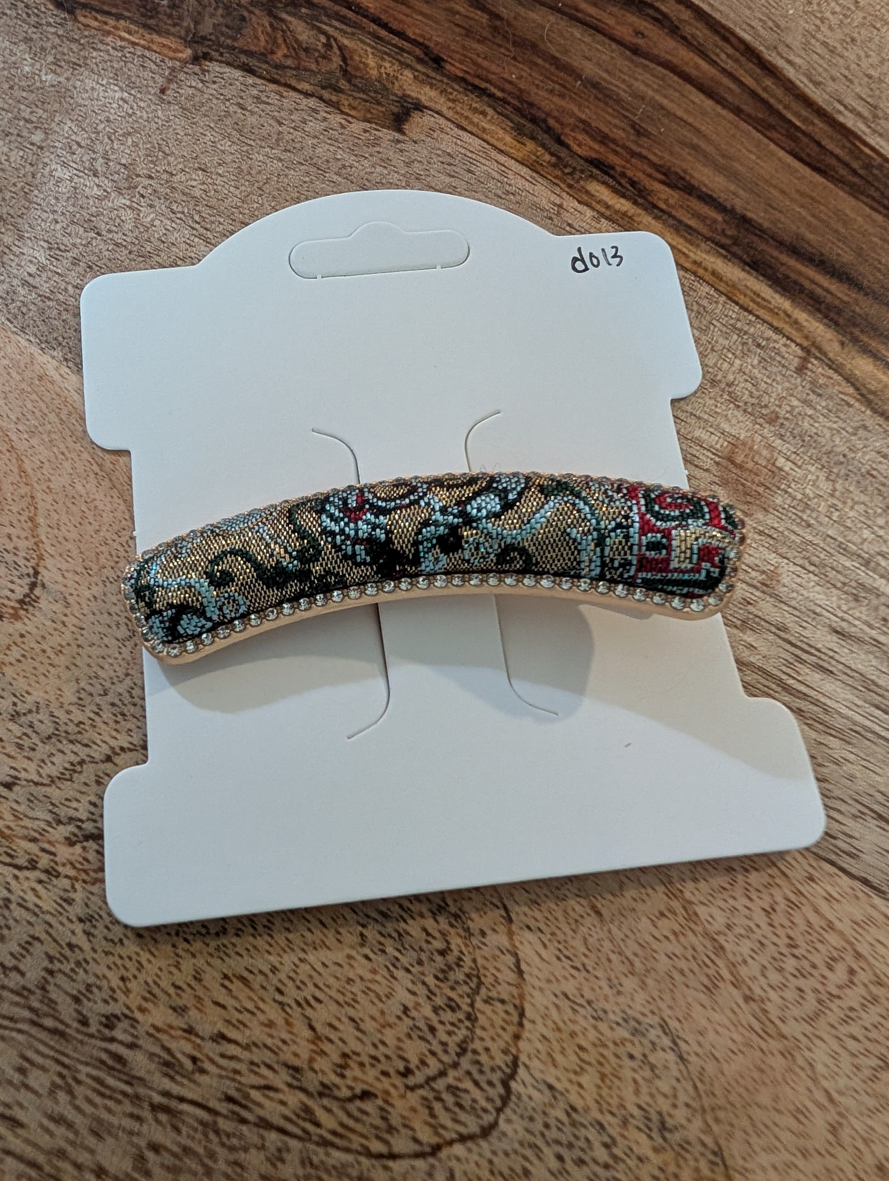 D013 - Dark Floral Gold & Red Song Brocade barrette on packaging card
