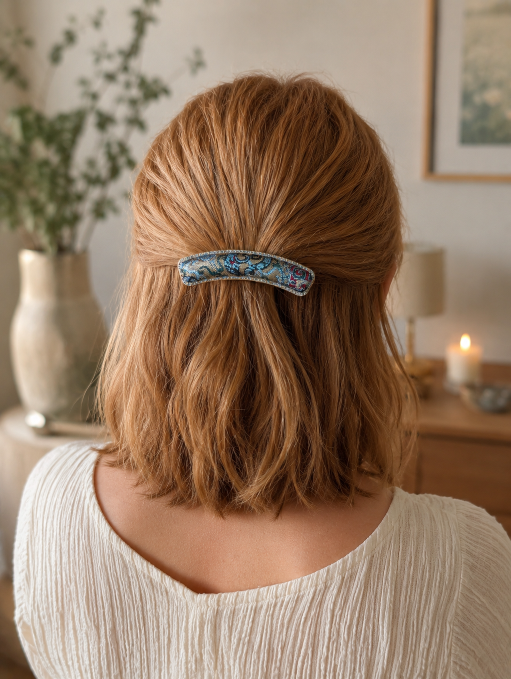 D013 - Dark Floral Gold & Red Song Brocade barrette lifestyle shot