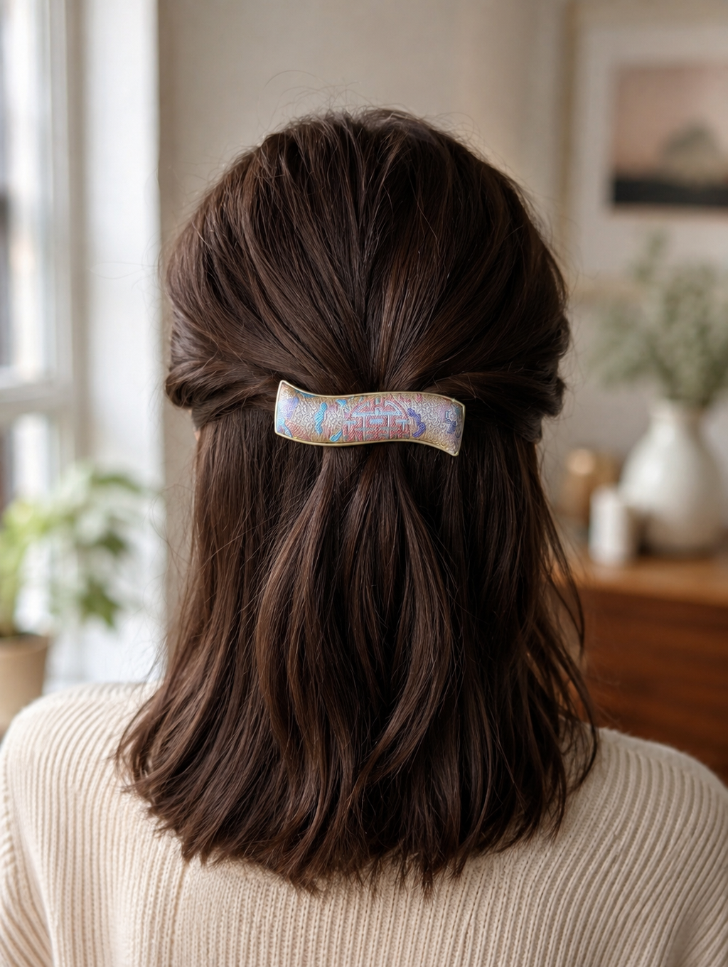 E001 - Multicolor Song Brocade wave barrette lifestyle shot