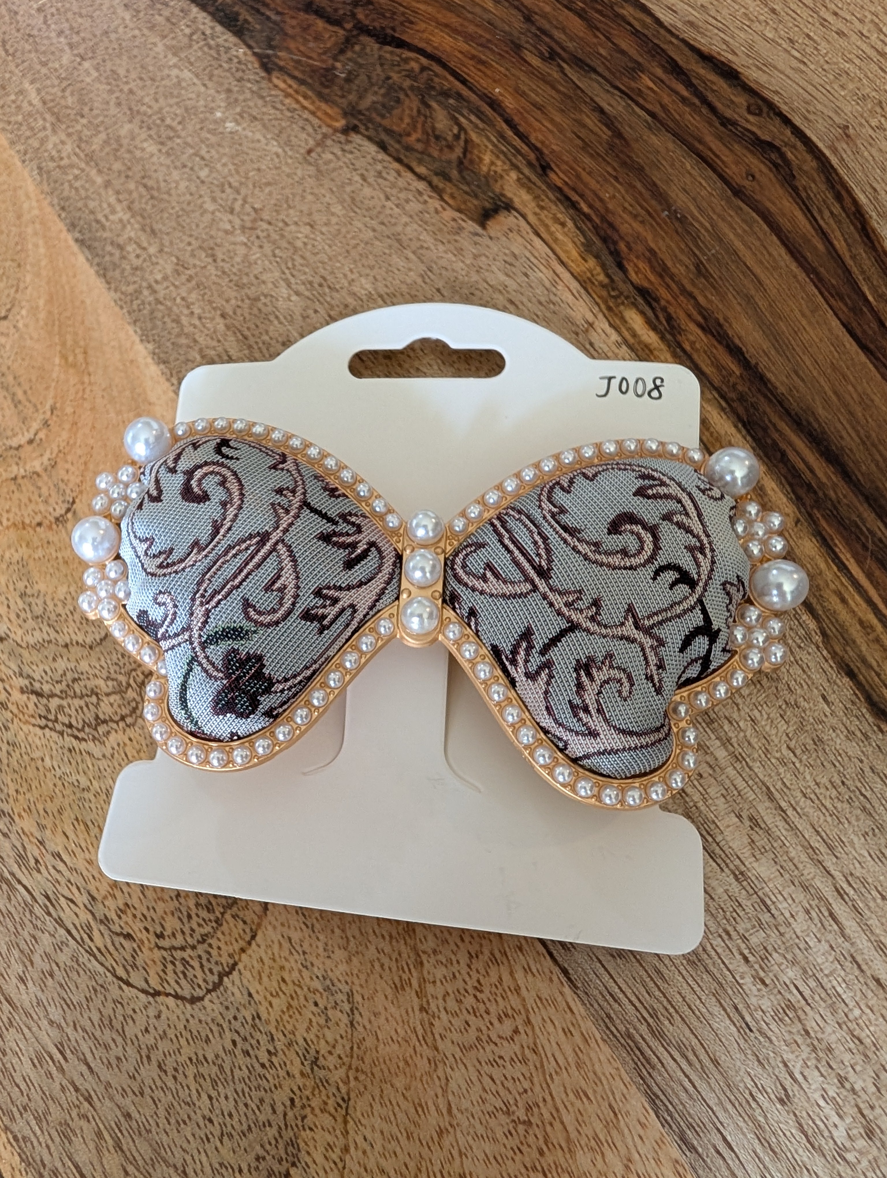 Handmade Song Brocade Pearl Butterfly French Barrette