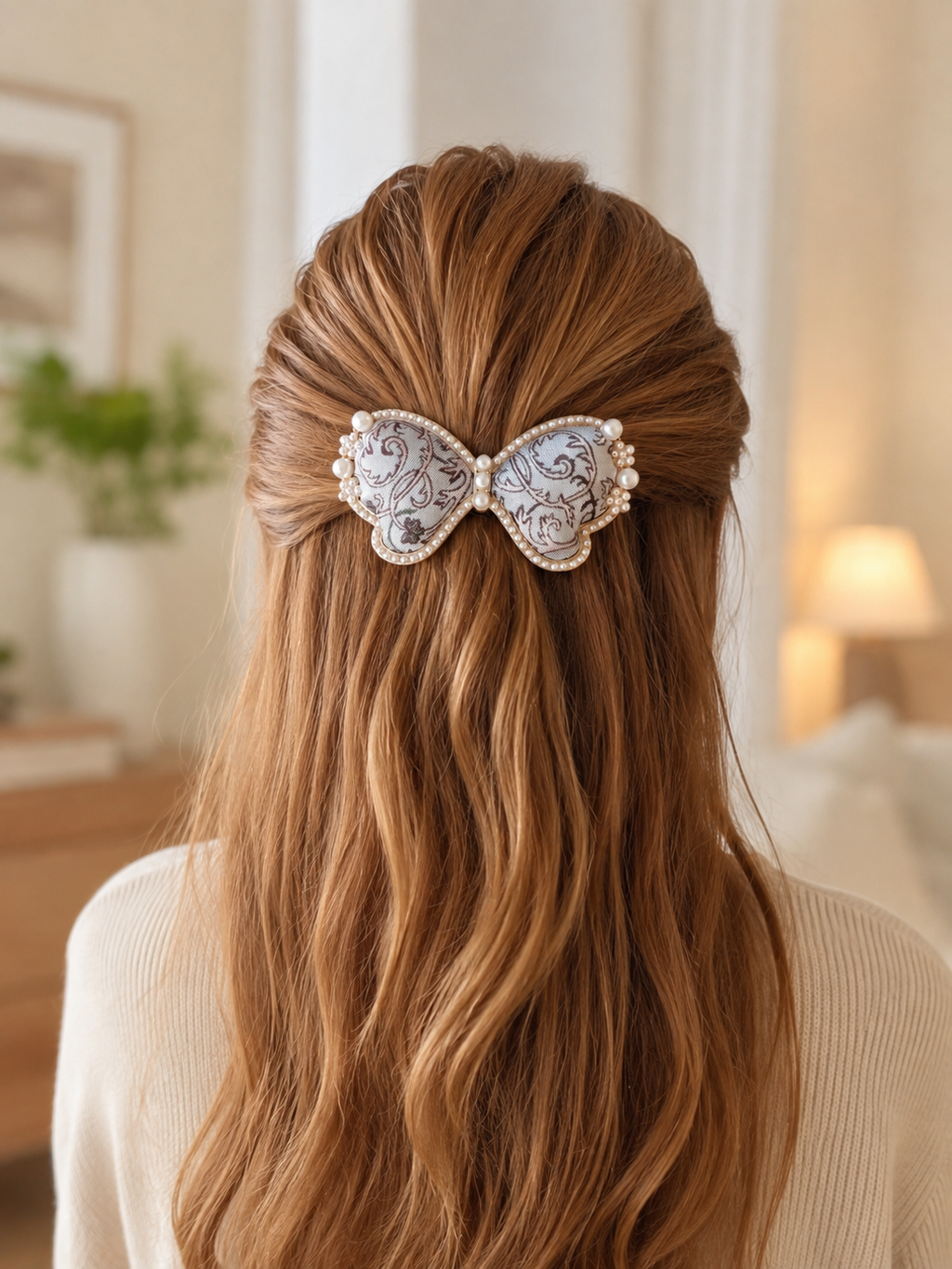 Handmade Song Brocade Pearl Butterfly French Barrette