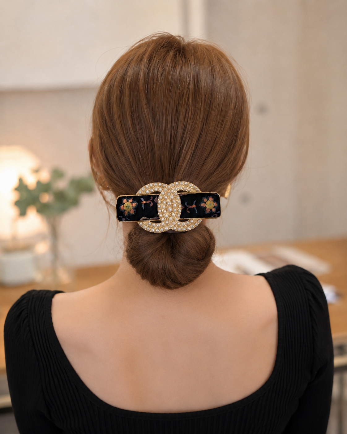 Handmade Song Brocade Pearl Double-C Hair Clip