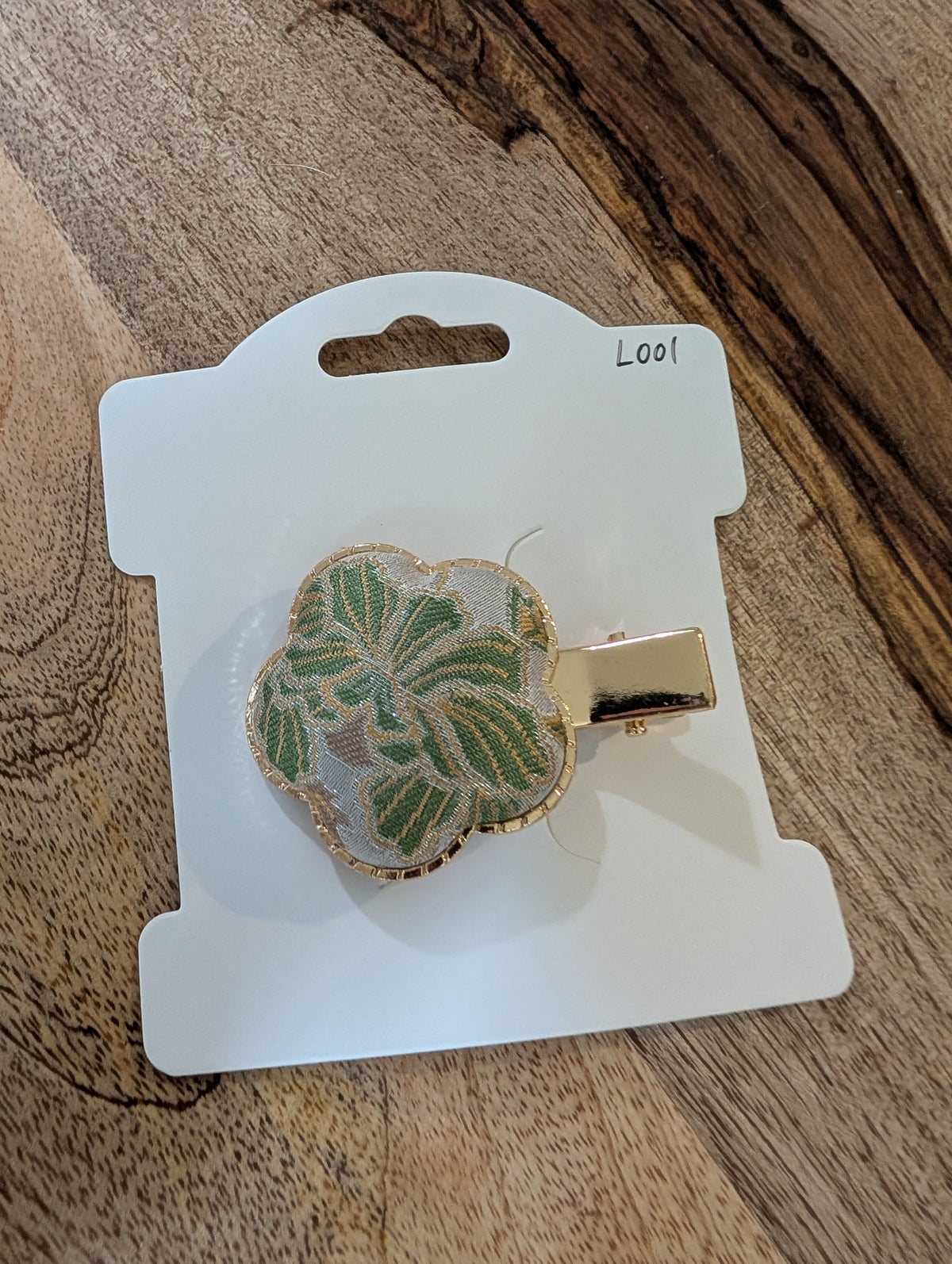 L001 - Green floral Song Brocade flower hair clip on packaging card