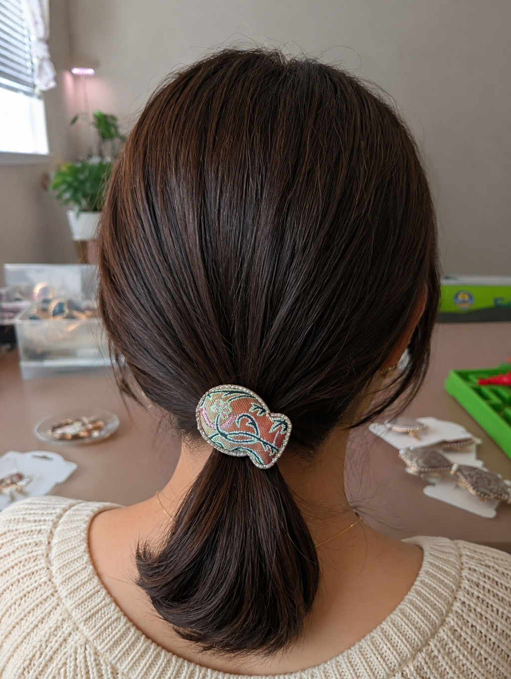 L008 Red Song Brocade hair tie worn in low ponytail