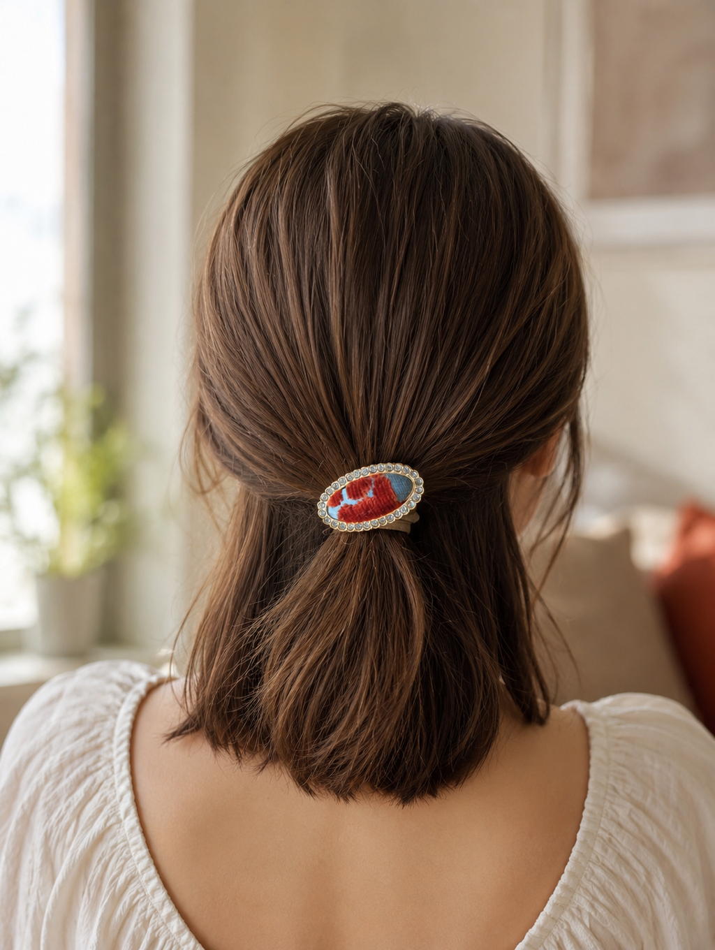 L015 - Blue-grey & red Song Brocade oval crystal hair clip lifestyle shot