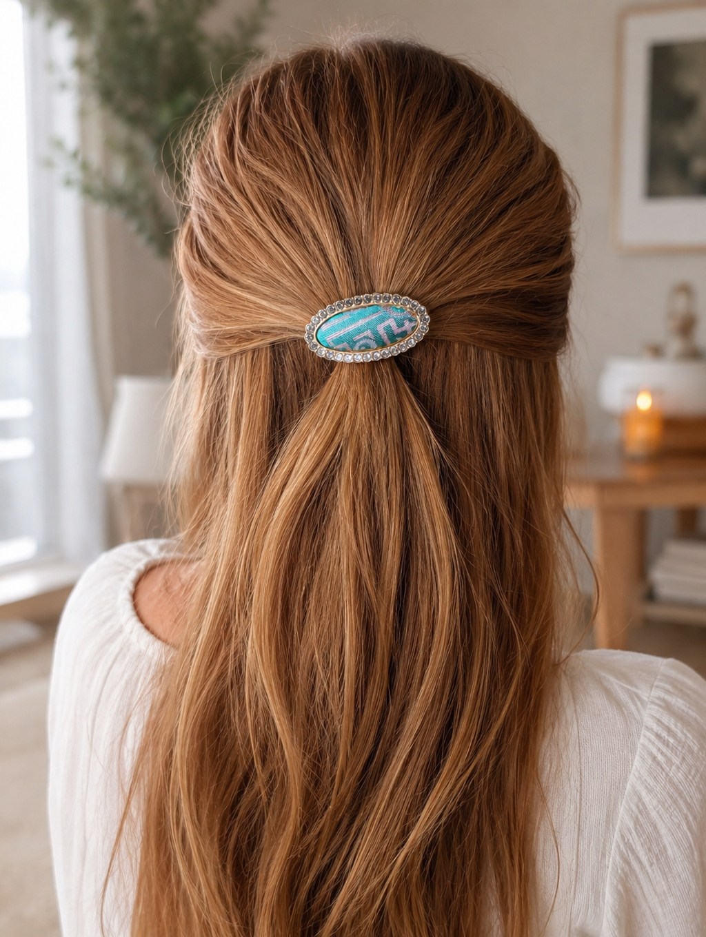 L016 - Teal & pink Song Brocade oval crystal hair clip lifestyle shot