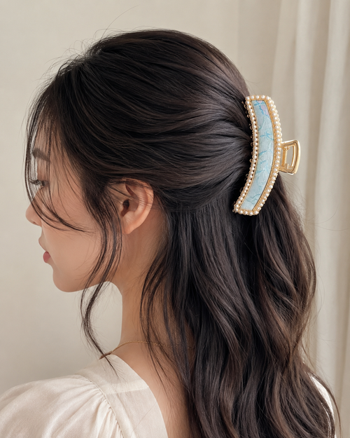 Model wearing green Pearl-Trim Hair Claw Clip