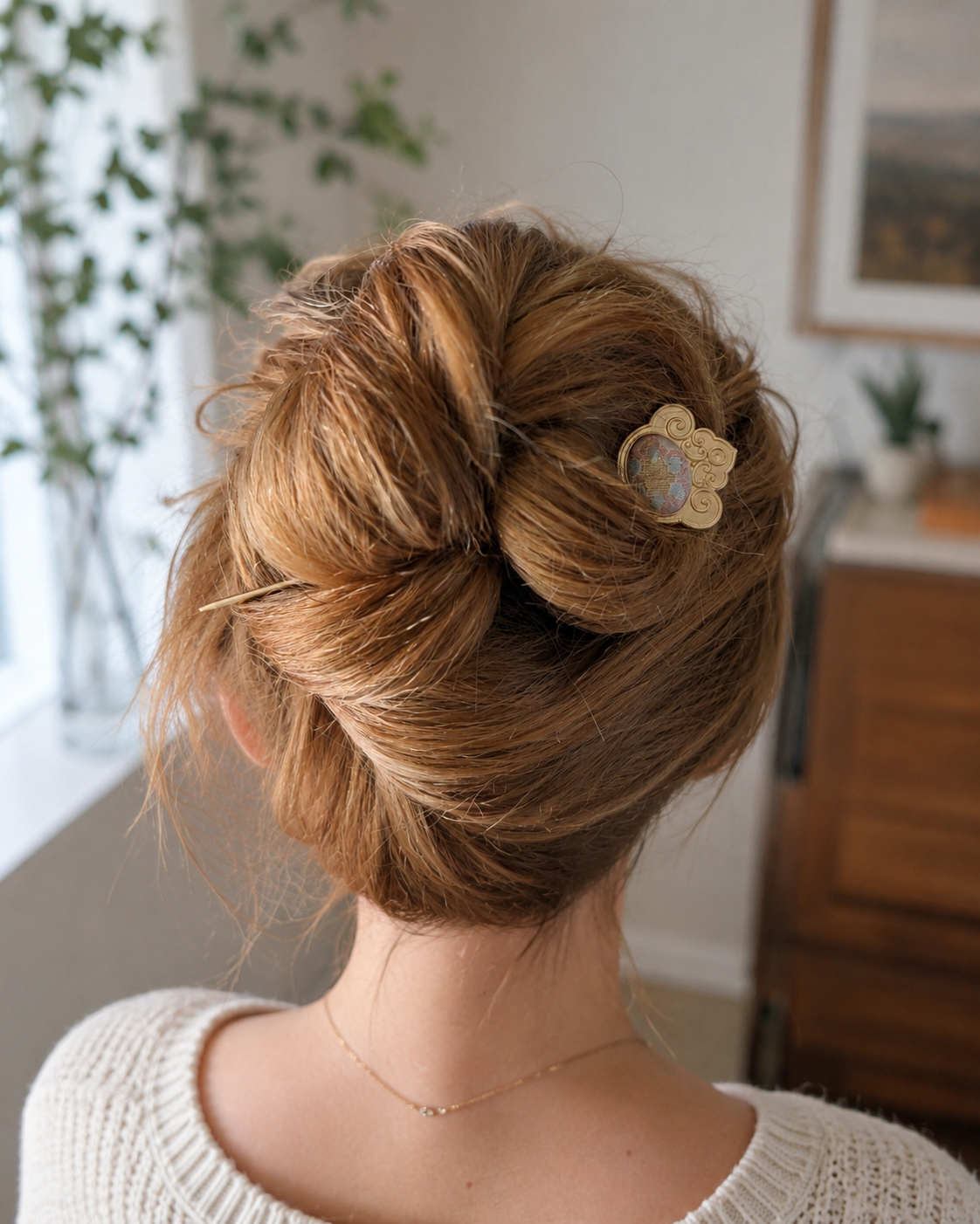 N012 - Song Brocade hair stick pin worn in updo hairstyle